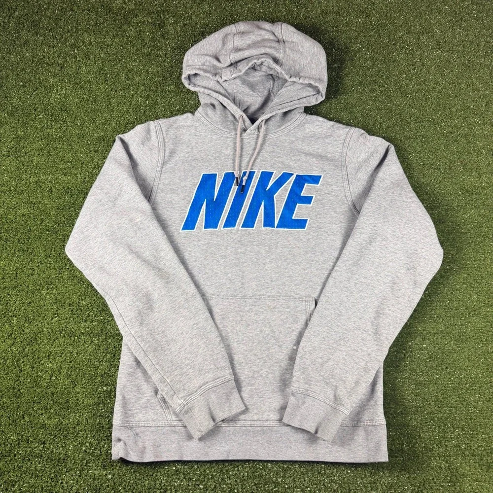 Nike Mens Gray Blue Mesh Logo Pullover Hoodie Sweatshirt Small S